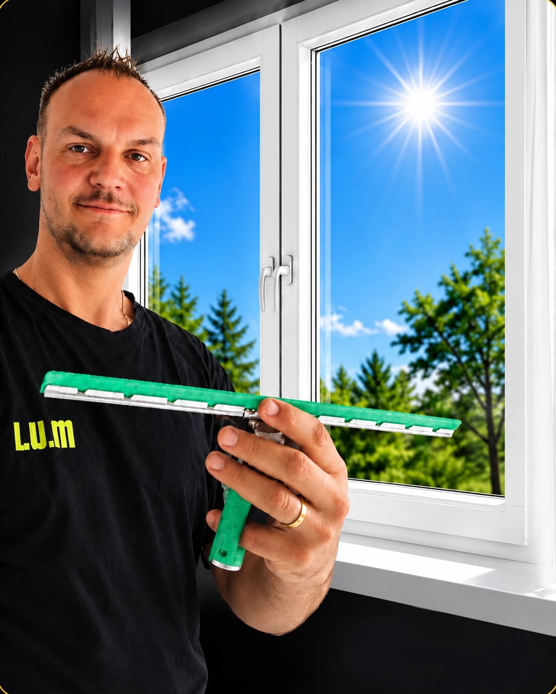 Martin Wojtyniak mit Fensterabzieher vor einem frisch geputzten Fenster